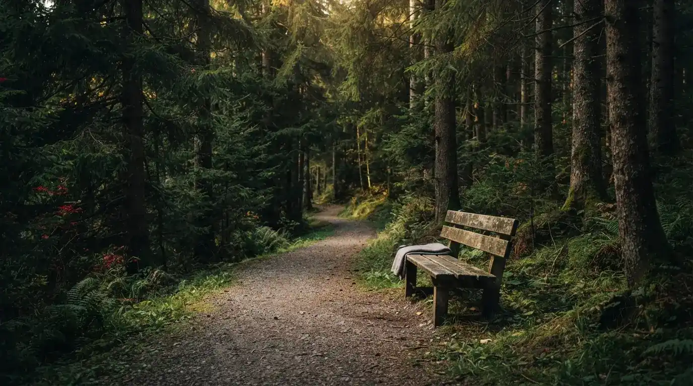 Holzbank an einem Waldweg zwischen Tannen