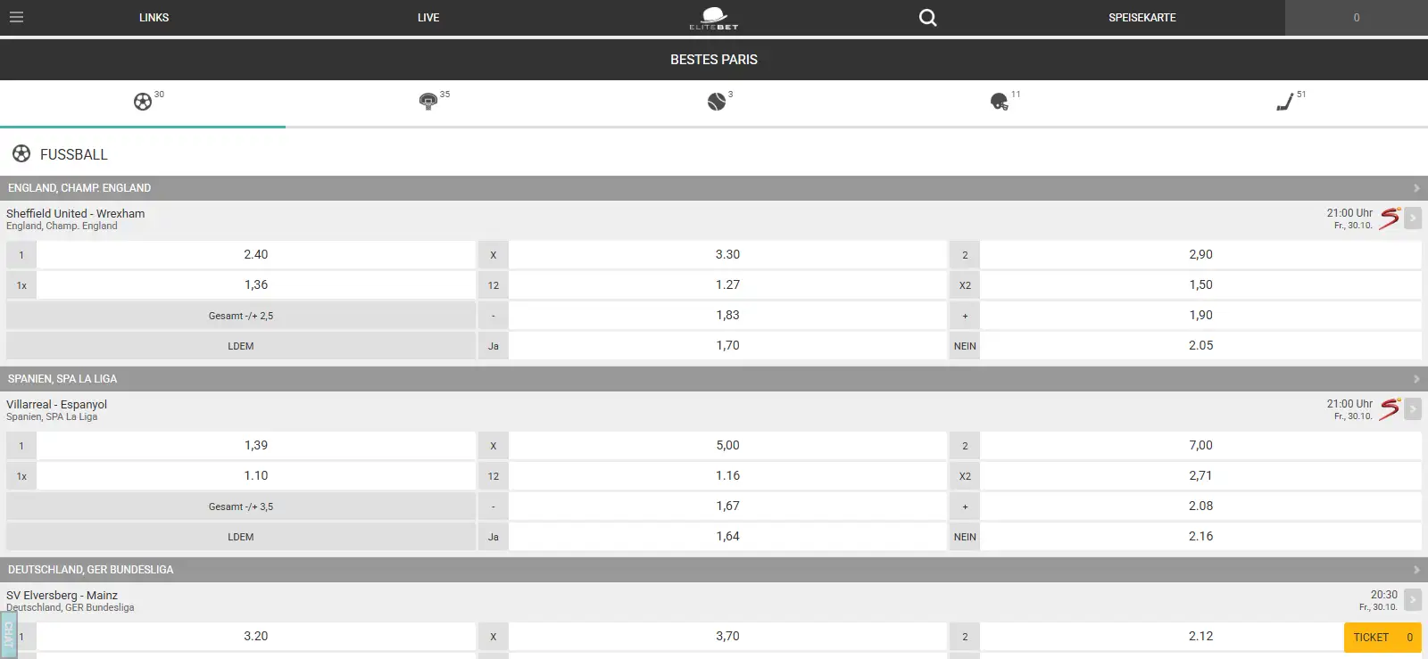 Sportmenü und Auswahl von Wettmärkten bei EliteBet