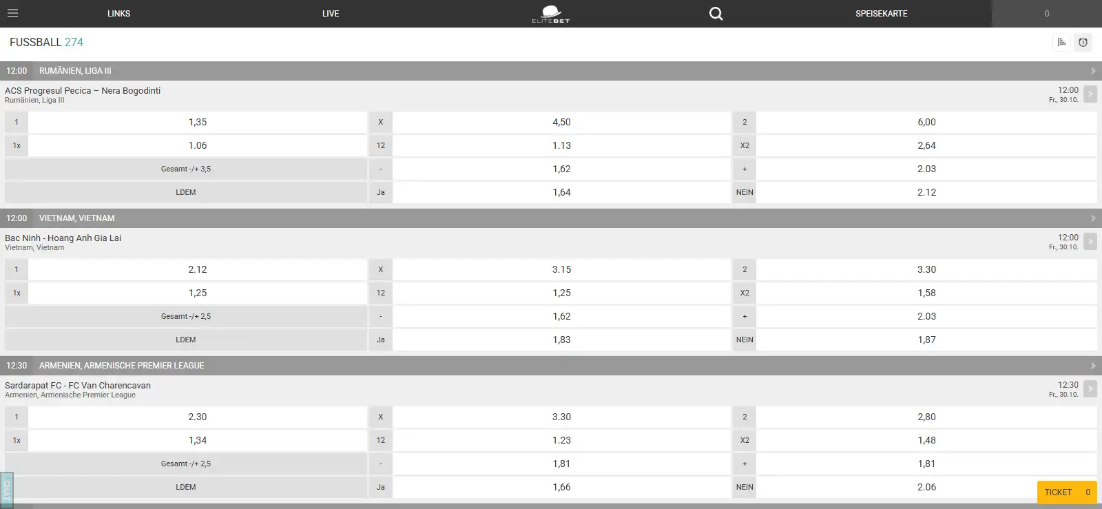 Sportübersicht mit Australian Rules Football und zugehörigen Wettmärkten bei EliteBet