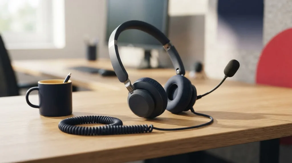 Telefon-Headset mit Mikrofon auf einem aufgeräumten Schreibtisch