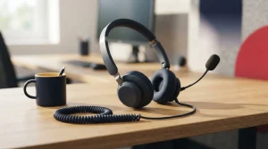 Telefon-Headset mit Mikrofon auf einem aufgeräumten Schreibtisch