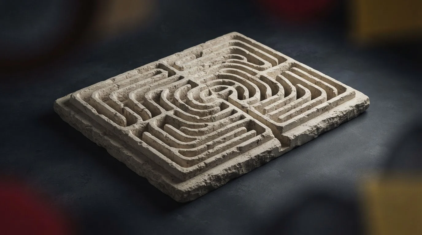Steinernes Labyrinth mit verschlungenen Wegen und rauer Oberflächenstruktur