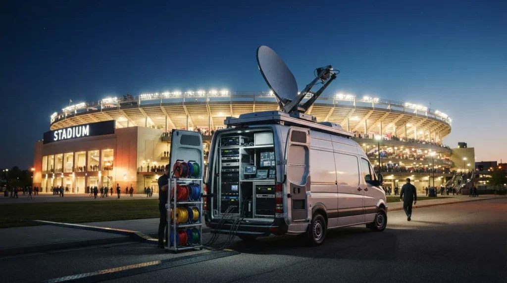 Fernsehübertragungswagen neben einem beleuchteten Sportstadion am Abend