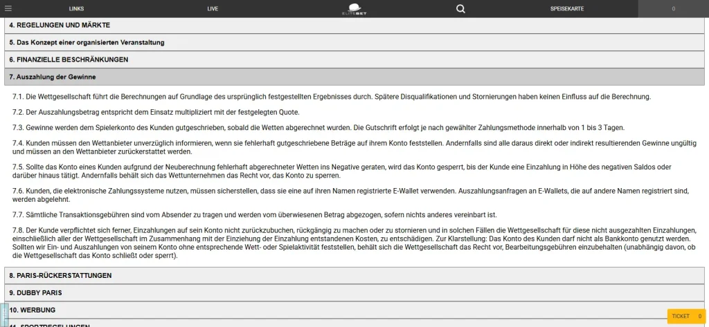Zahlungsbereich von EliteBet mit Bankmethoden und Auswahl zur Kontobewegung