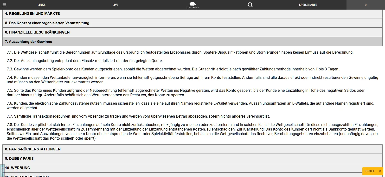 Zahlungsbereich von EliteBet mit Bankmethoden und Auswahl zur Kontobewegung
